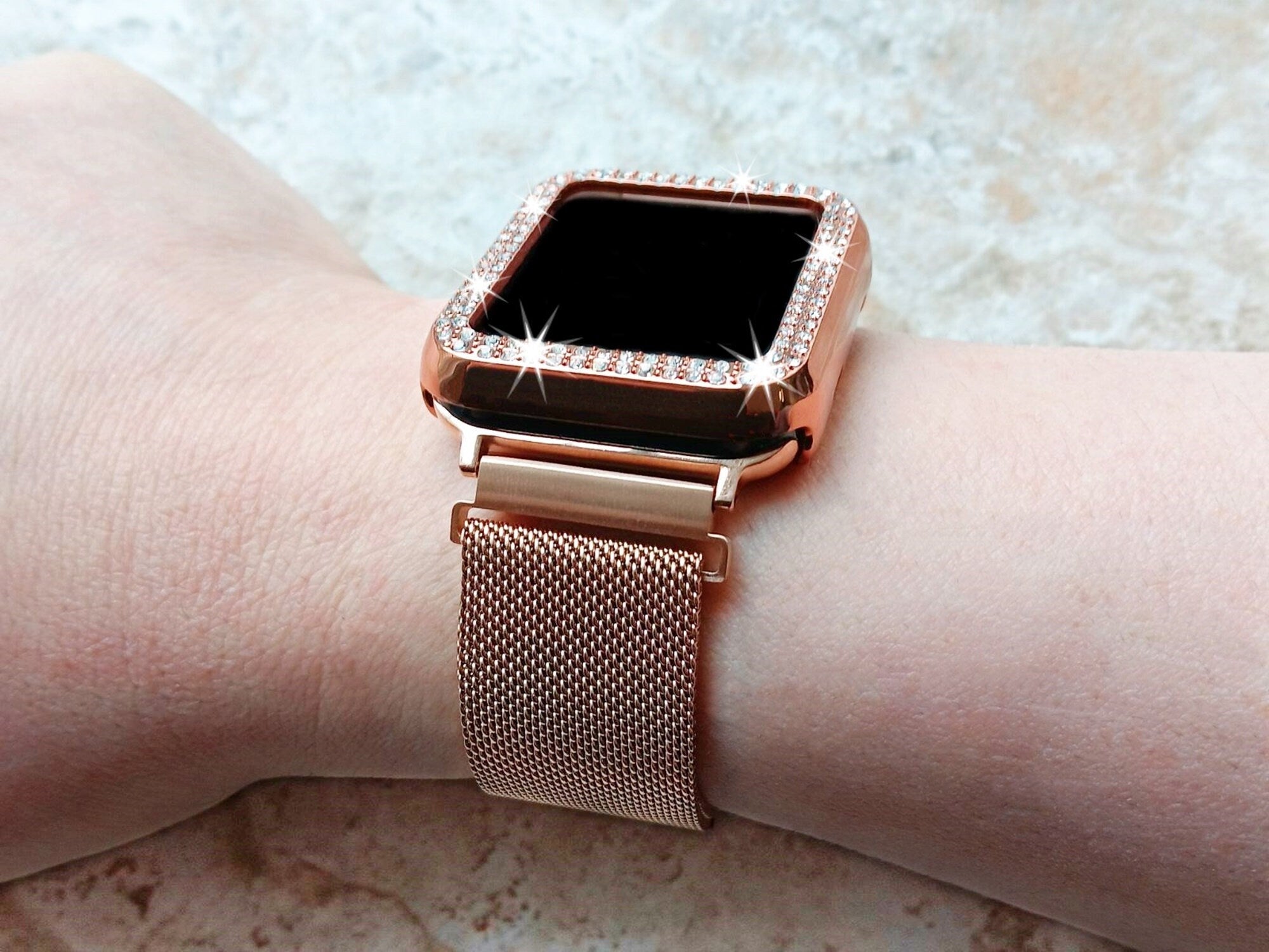 Apple Watch Rose Gold Color Band Kit Crystal Case Bezel Cover for Ultra 2 9 8 7 SE 6 5 4 3 2 1 49mm 45mm 44 42 41mm 40mm 38mm Strap Milanese